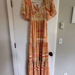 Flying Tomato Pink and Orange Ruched Tiered Maxi Dress